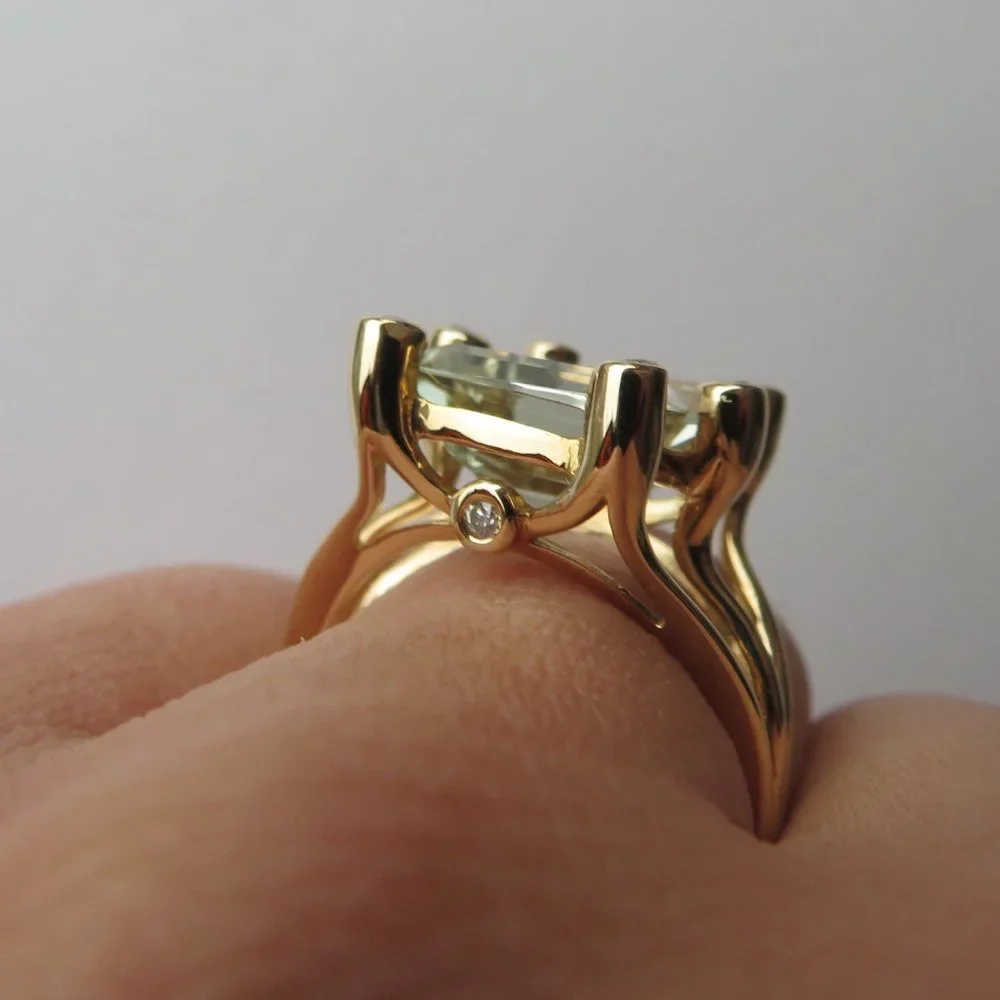 Natural Prasiolite Green Quartz Natural Diamonds 14K Yellow Gold Cocktail Ring
